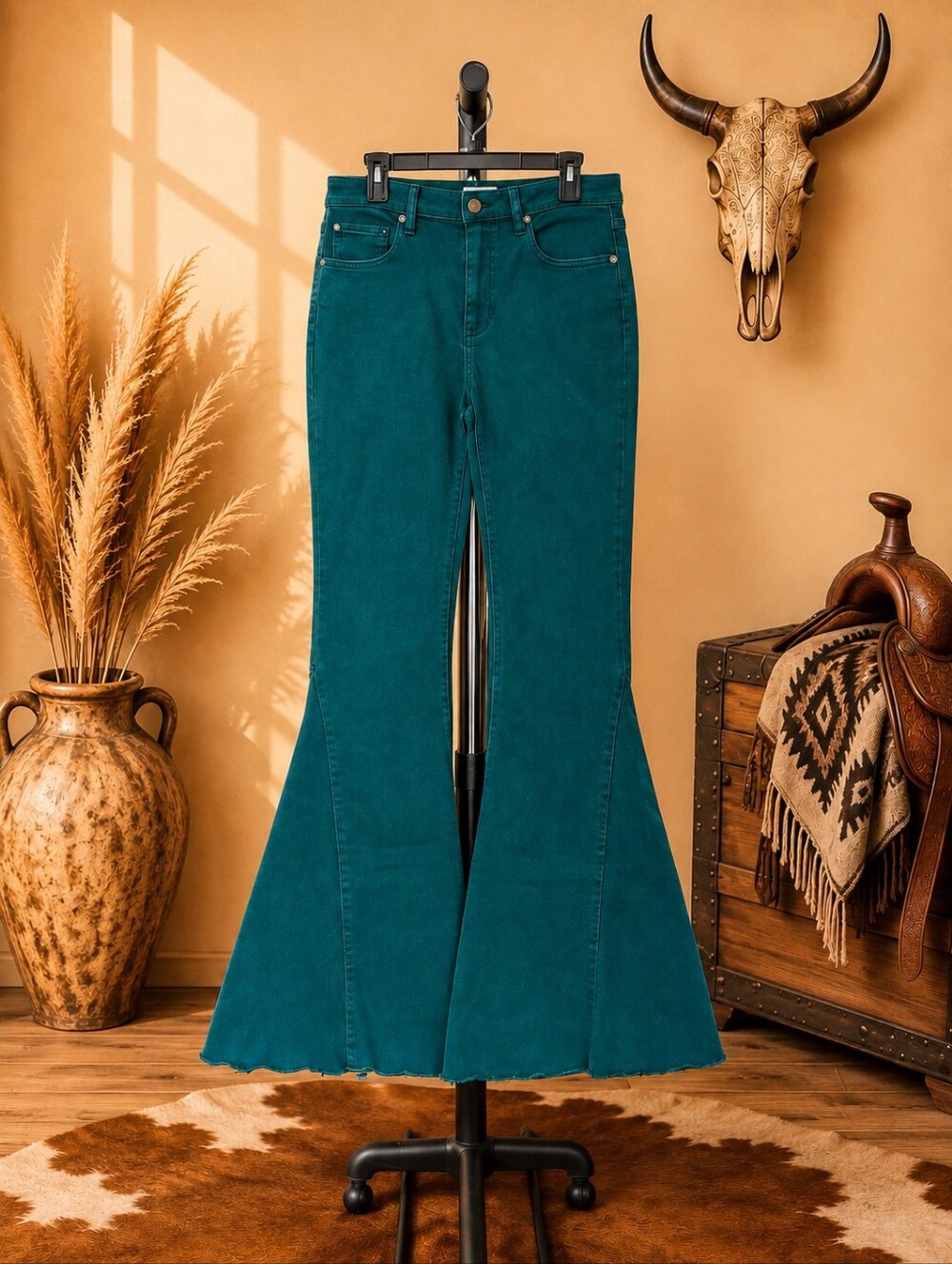 Shyanne Vintage Teal Bell Bottom Jeans 32 L Frayed Hem Bell Bottoms, Modern Size